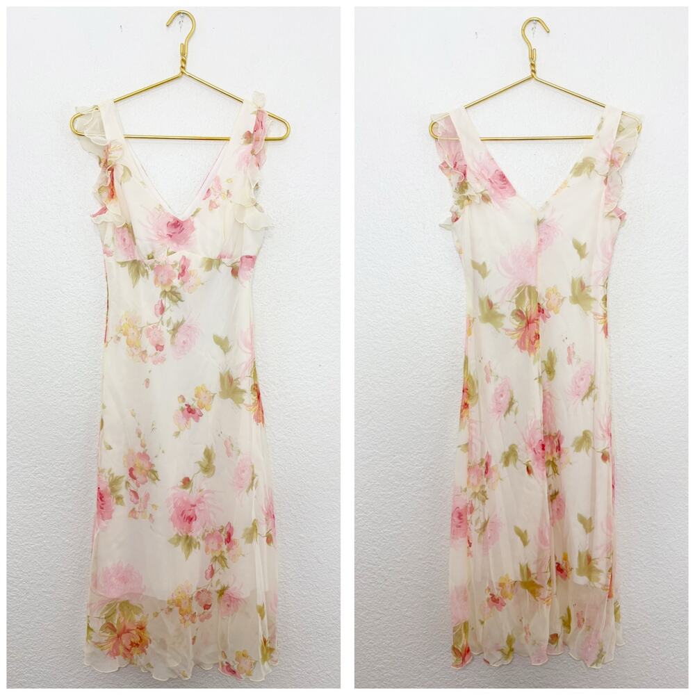 Vintage Y2K La Belle Floral Chiffon Fairy Midi Dress Size 7 Cottagecore Coquette